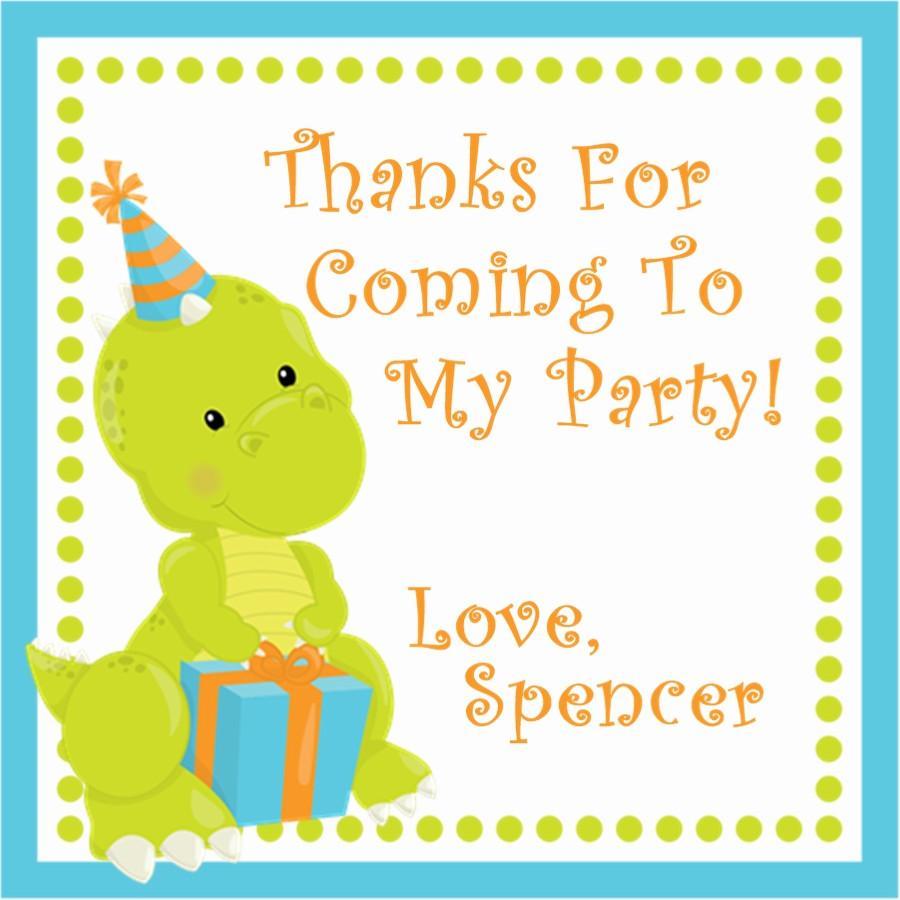 Toddler dinosaur party favor label in green and blue