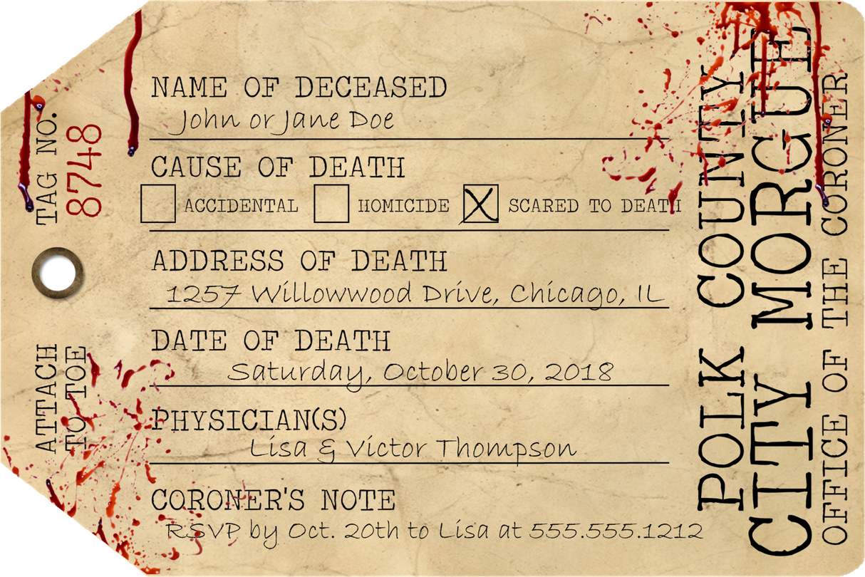 Toe Tag Halloween Party Invitations