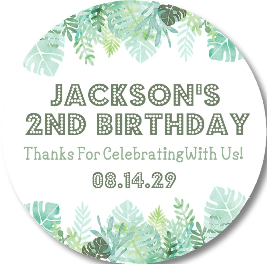 Tropical birthday sticker with watercolor green leaves