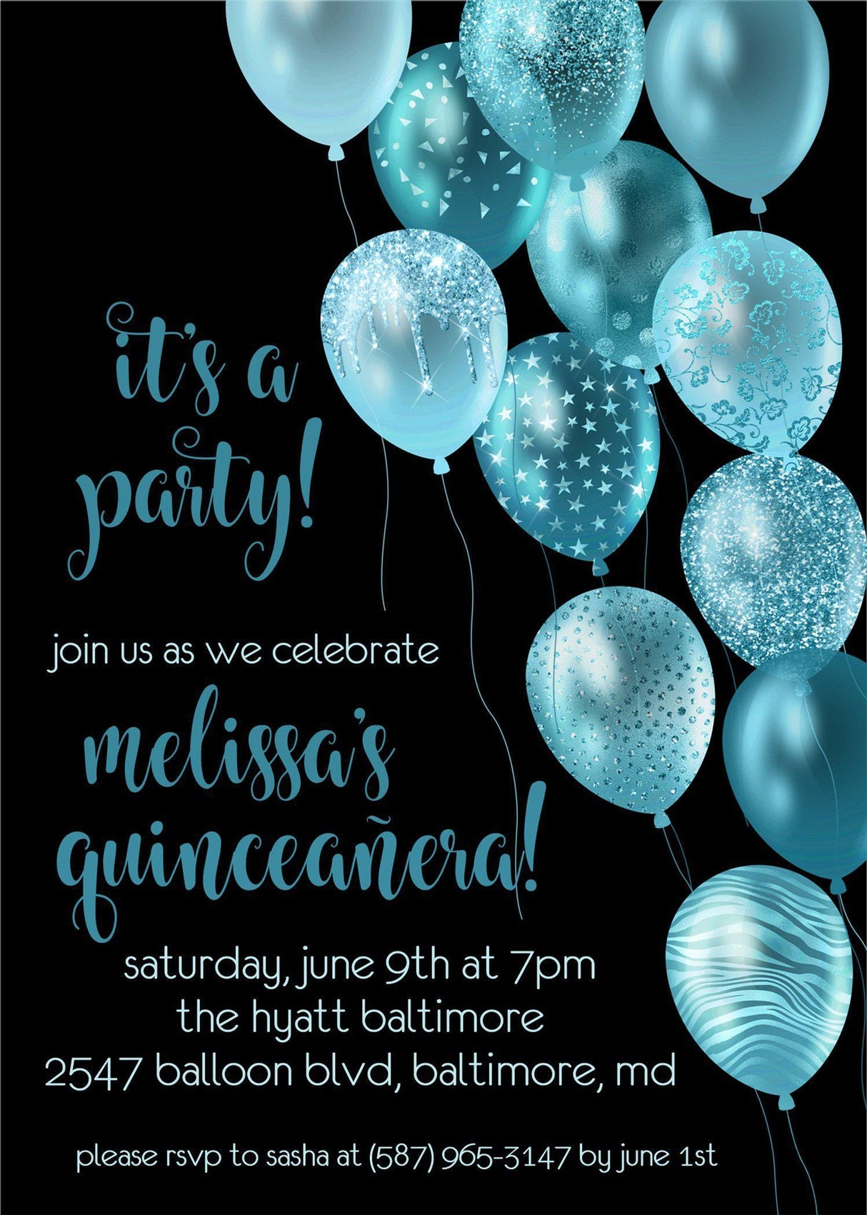 Turquoise And Black Balloon Quinceanera Invitations