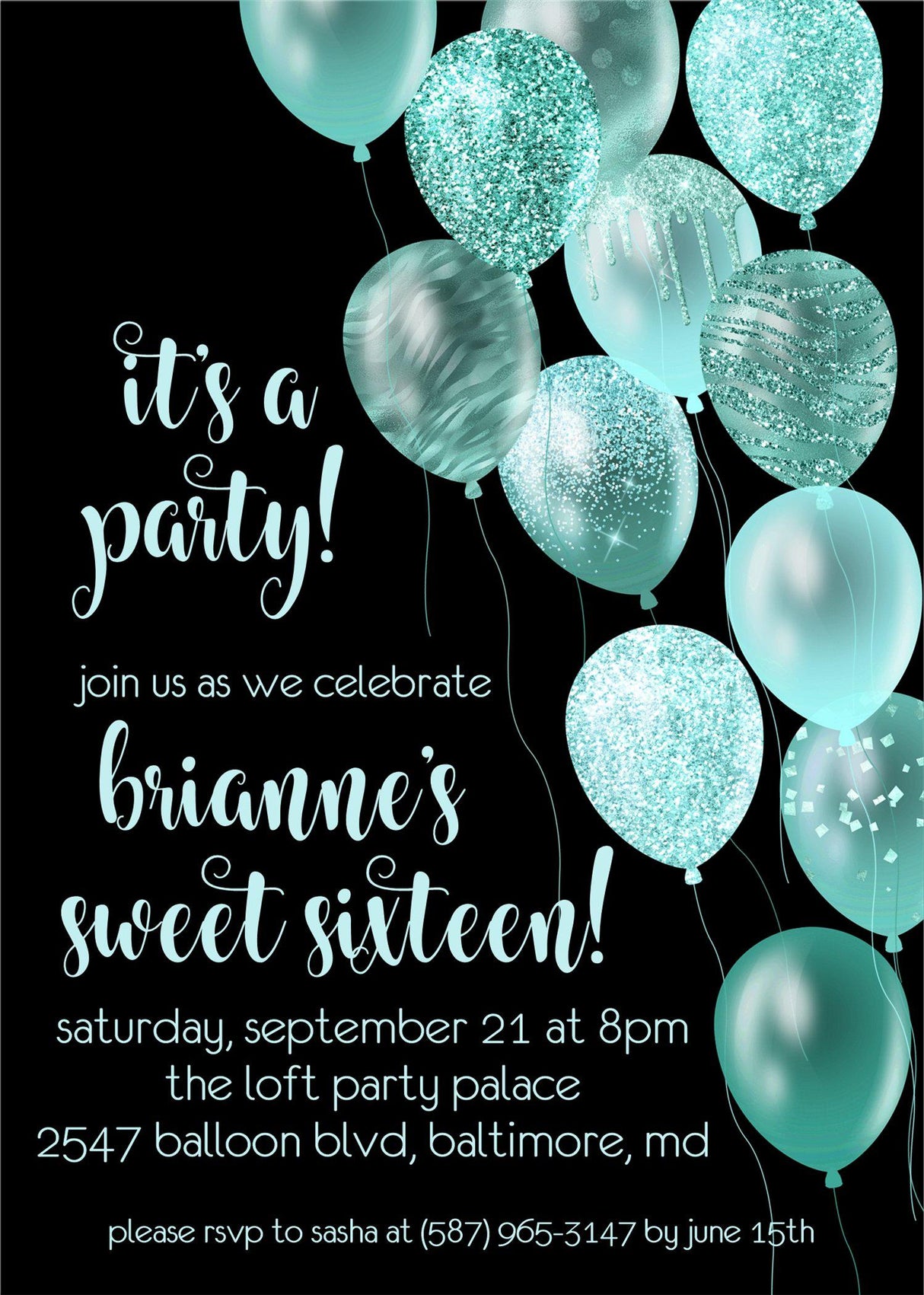 Turquoise black sweet 16 birthday party invitations
