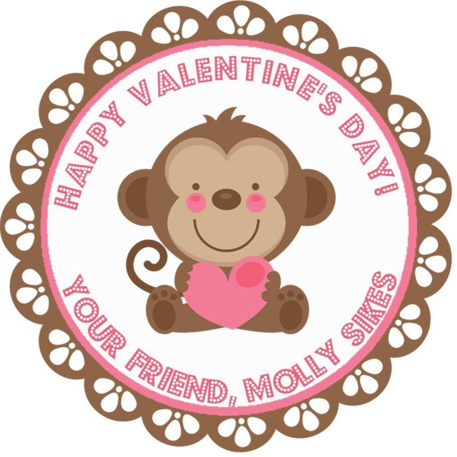 Valentine monkey holding a pink heart personalized sticker