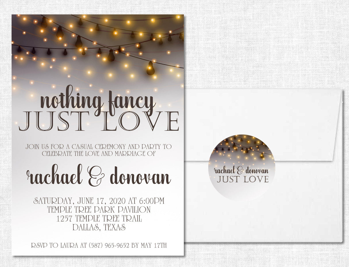Warm gold wedding invitation with illuminated bistro lights and elegant wedding wording