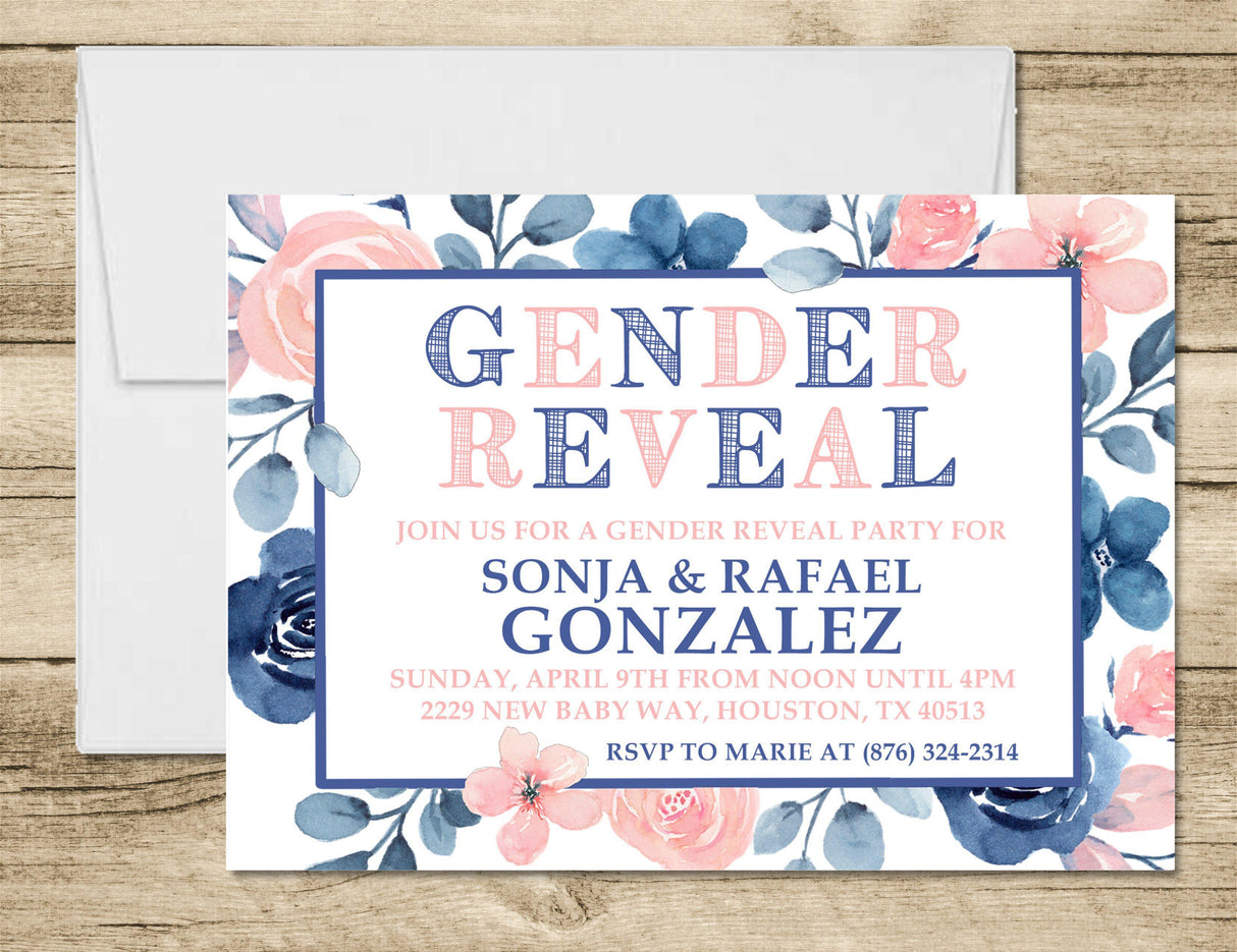 Watercolor framed gender reveal party invitation design