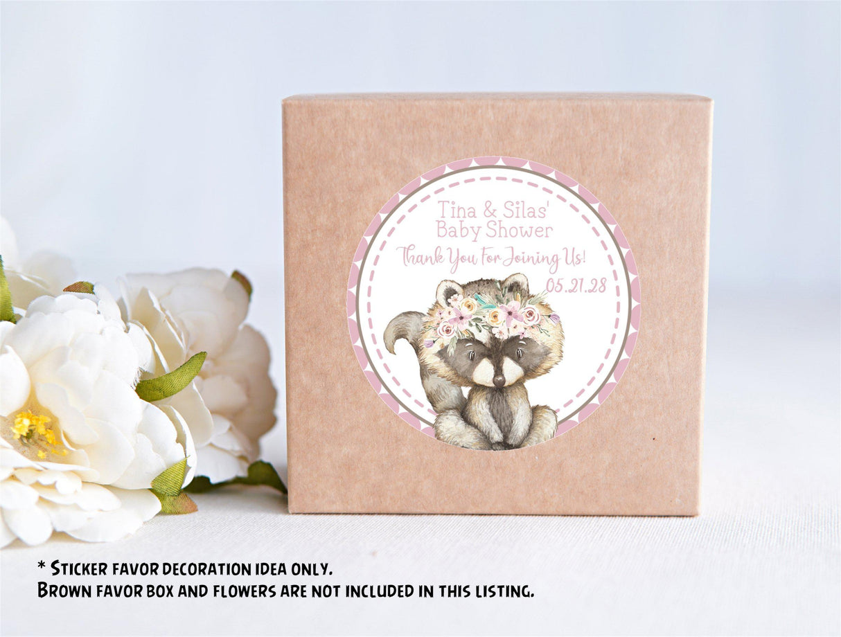 Woodland girl baby shower stickers with soft watercolor details.