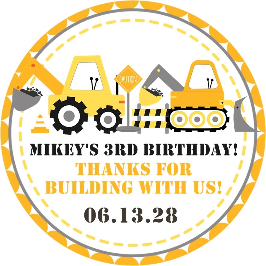 Yellow construction birthday stickers with trucks and caution sign