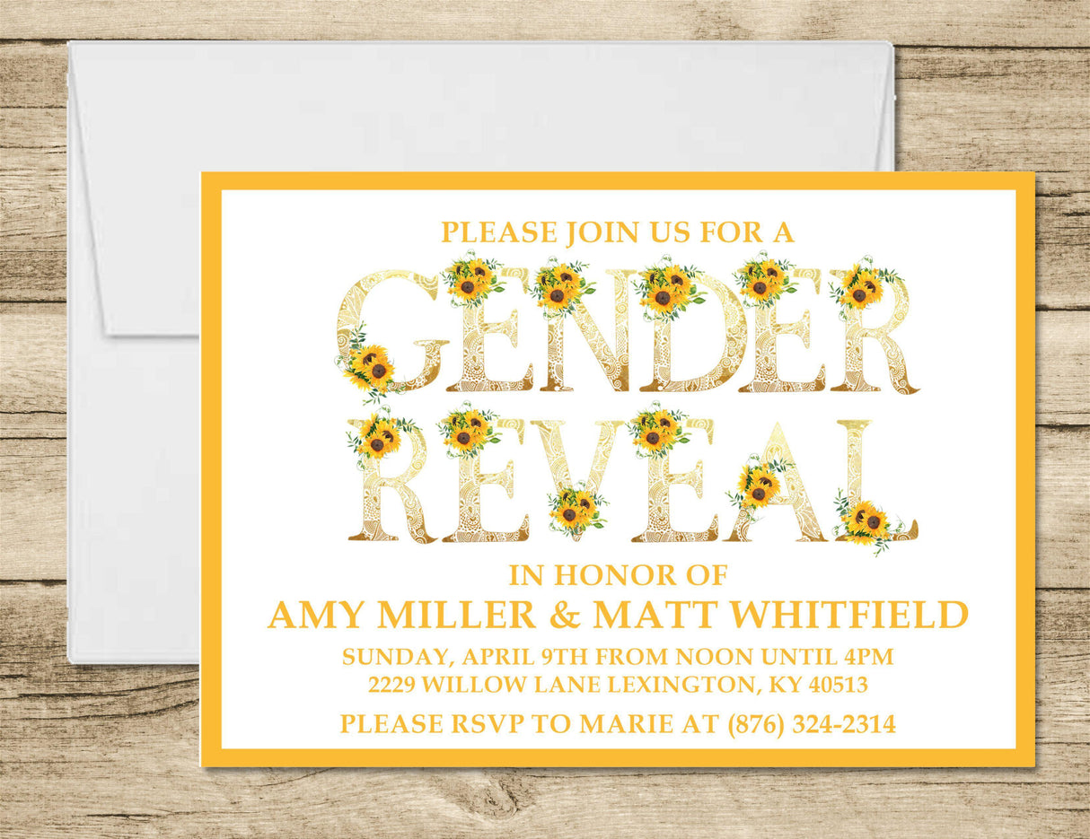 Yellow sunflower gender reveal party invitation design