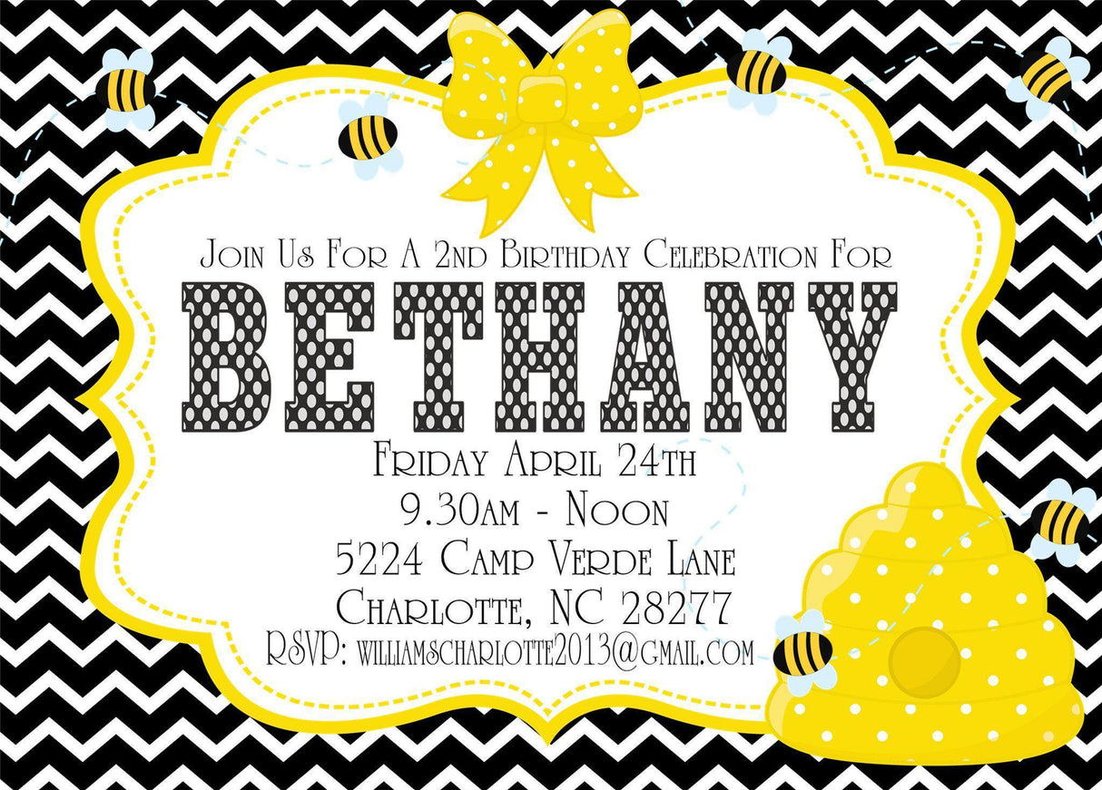 bee birthday party invitations yellow bumble bee design