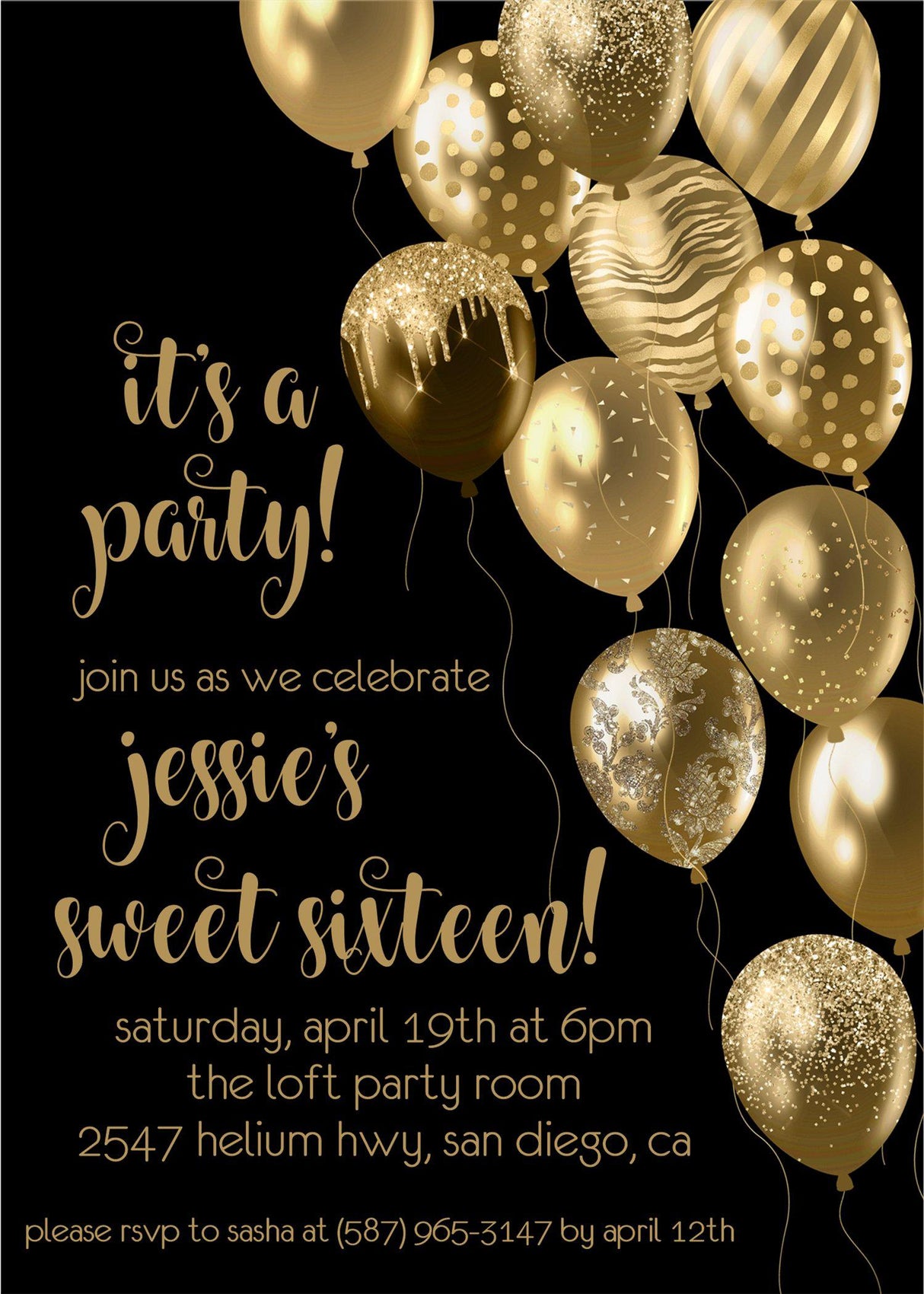 black gold sweet 16 birthday invitations
