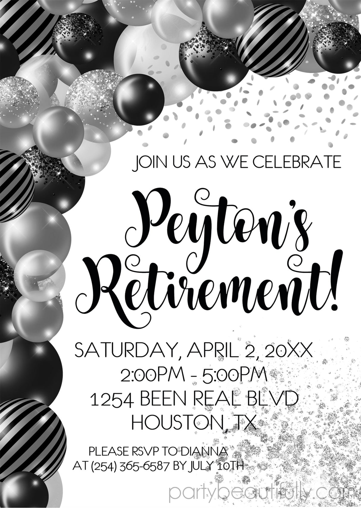 black silver retirement invitations elegant celebration theme