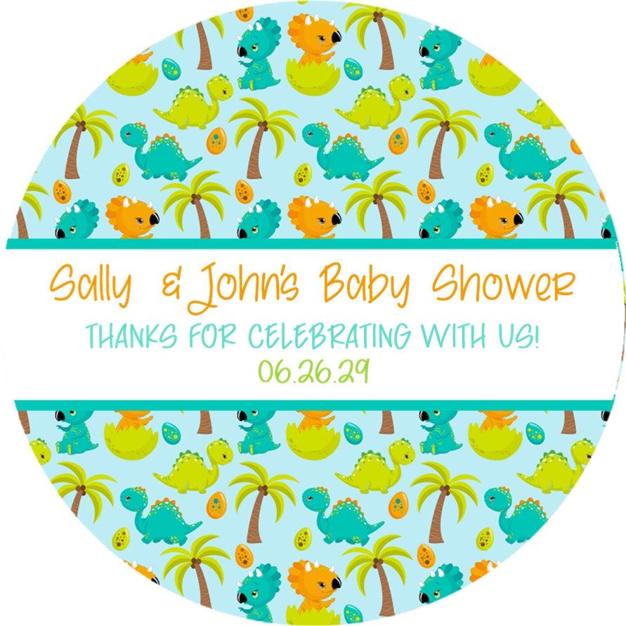 blue background dinosaur favor label design