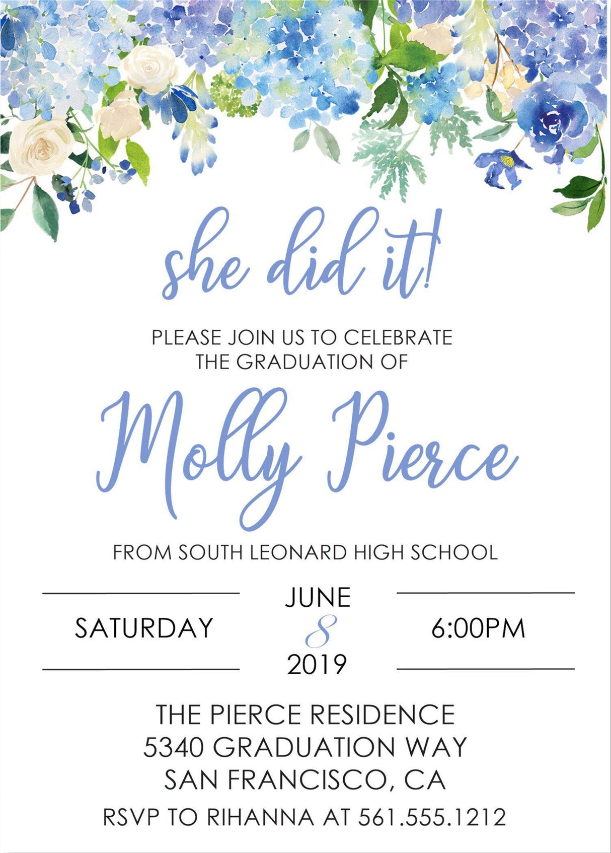 blue floral graduation party invitations botanical design