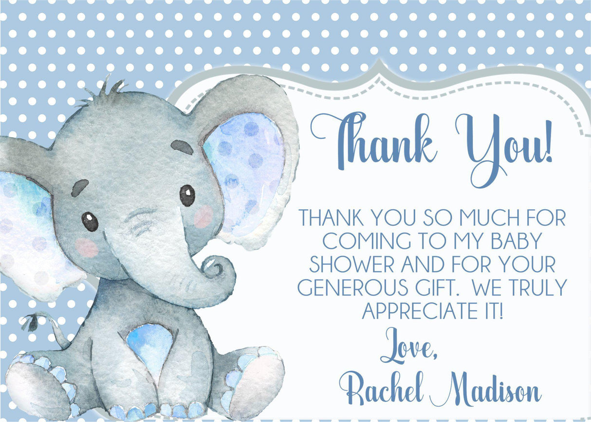 boys elephant baby shower thank you cards blue design