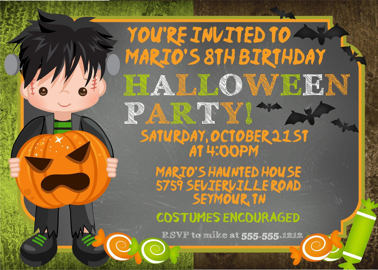 boys frankenstein halloween invitation cards october birthday party style