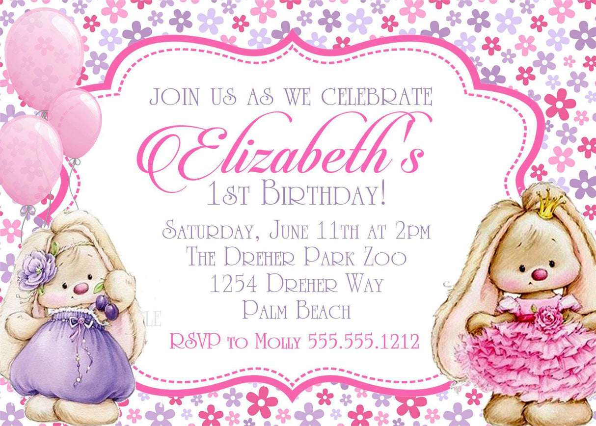 bunny rabbit 1st birthday invitations pink purple floral design