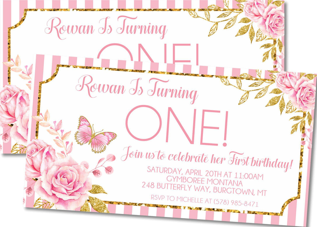 butterfly 1st birthday invitations pink floral design