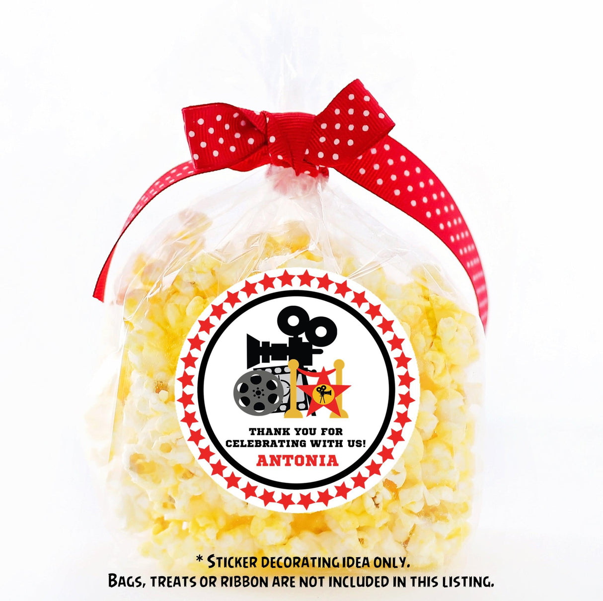 cinema birthday sticker with red and black accents