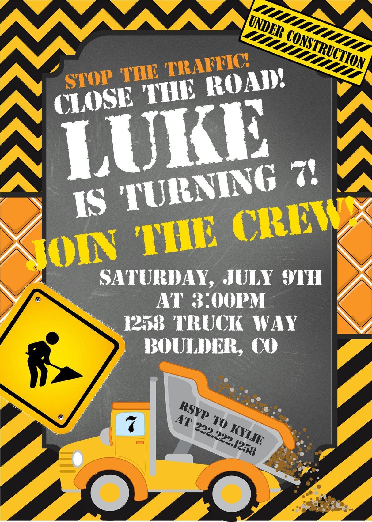 construction birthday party invitations dump truck design black yellow