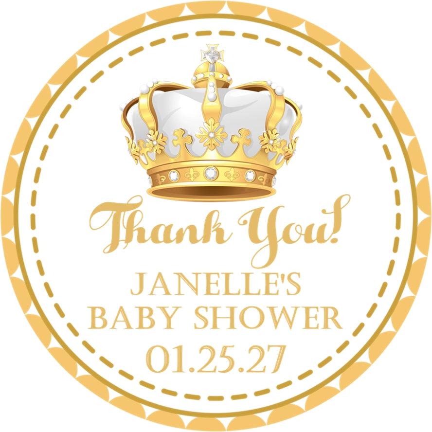 elegant royal baby shower favor label with gold crown design