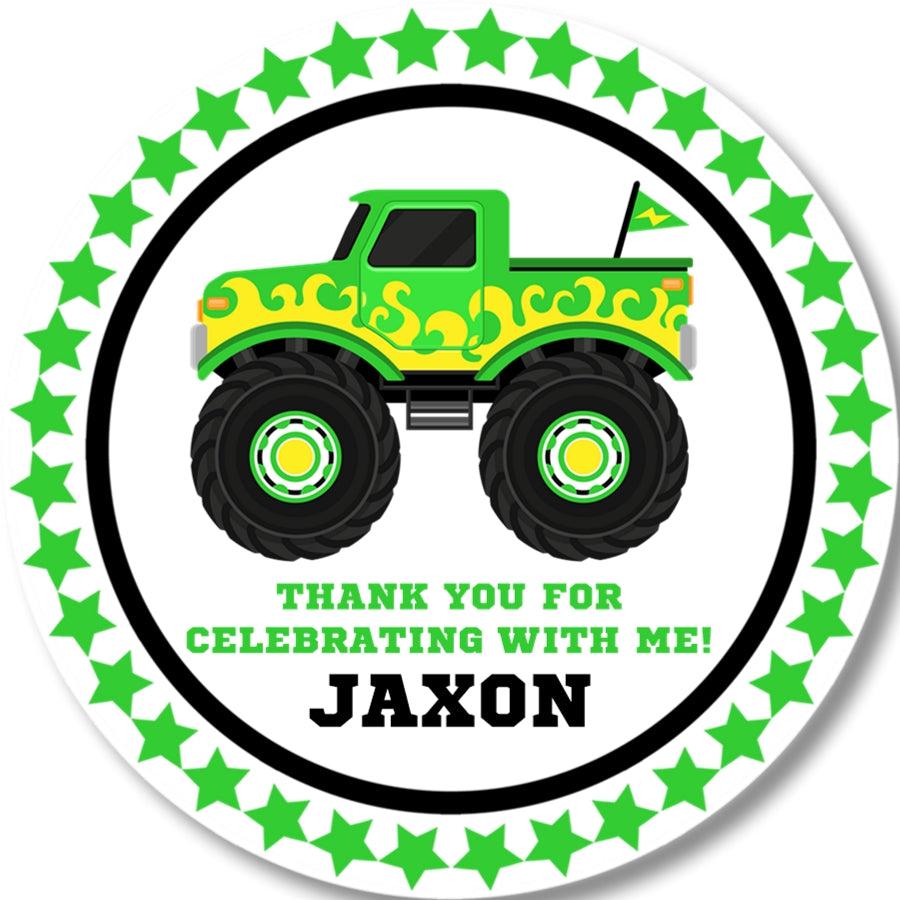 green monster truck birthday stickers personalized