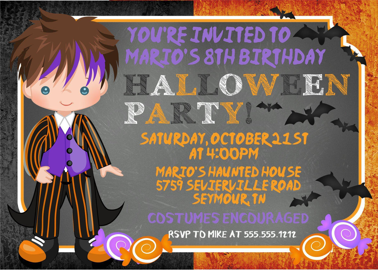 halloween birthday party invitations boys spooky costume design