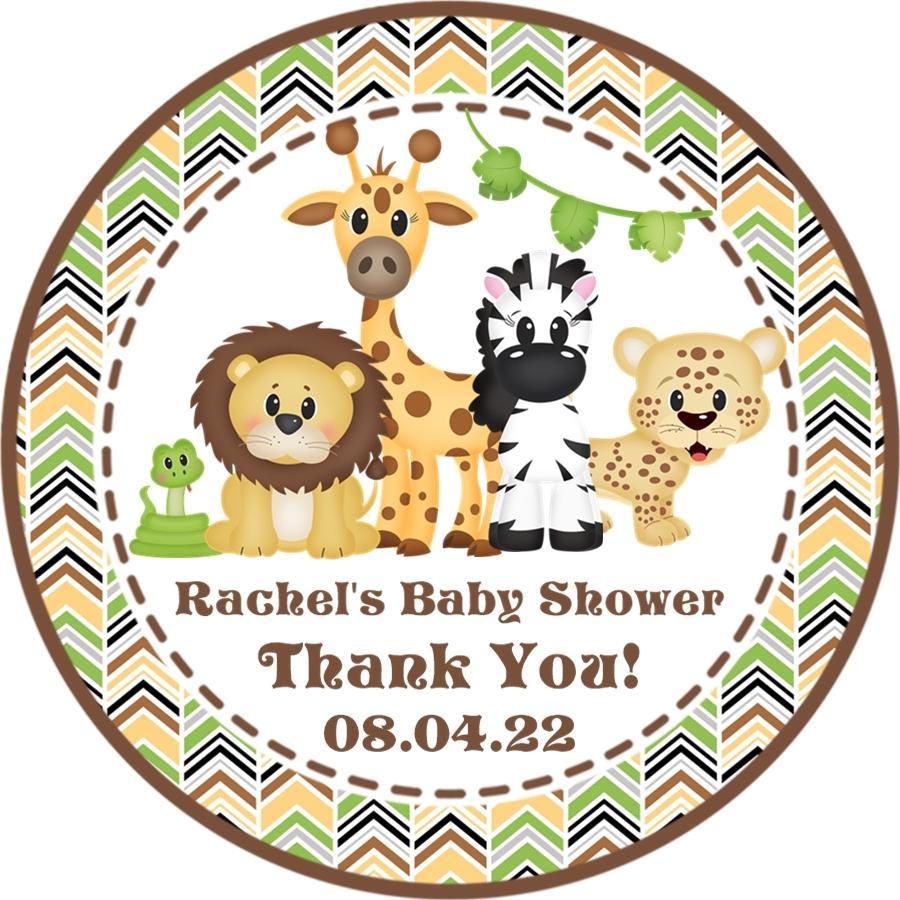 jungle safari baby shower stickers with lion giraffe zebra and leopard