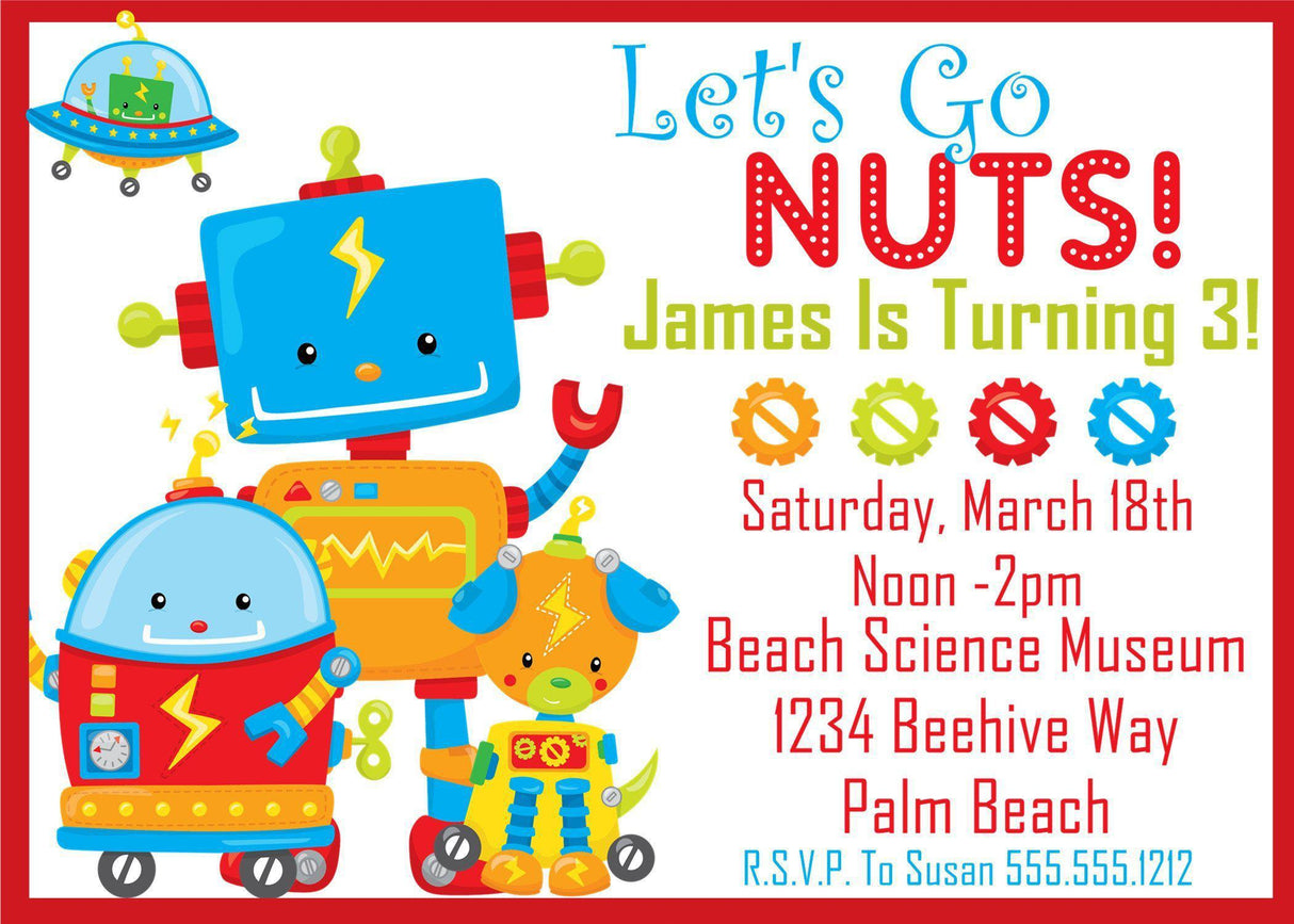let’s go nuts robot birthday invitations science theme