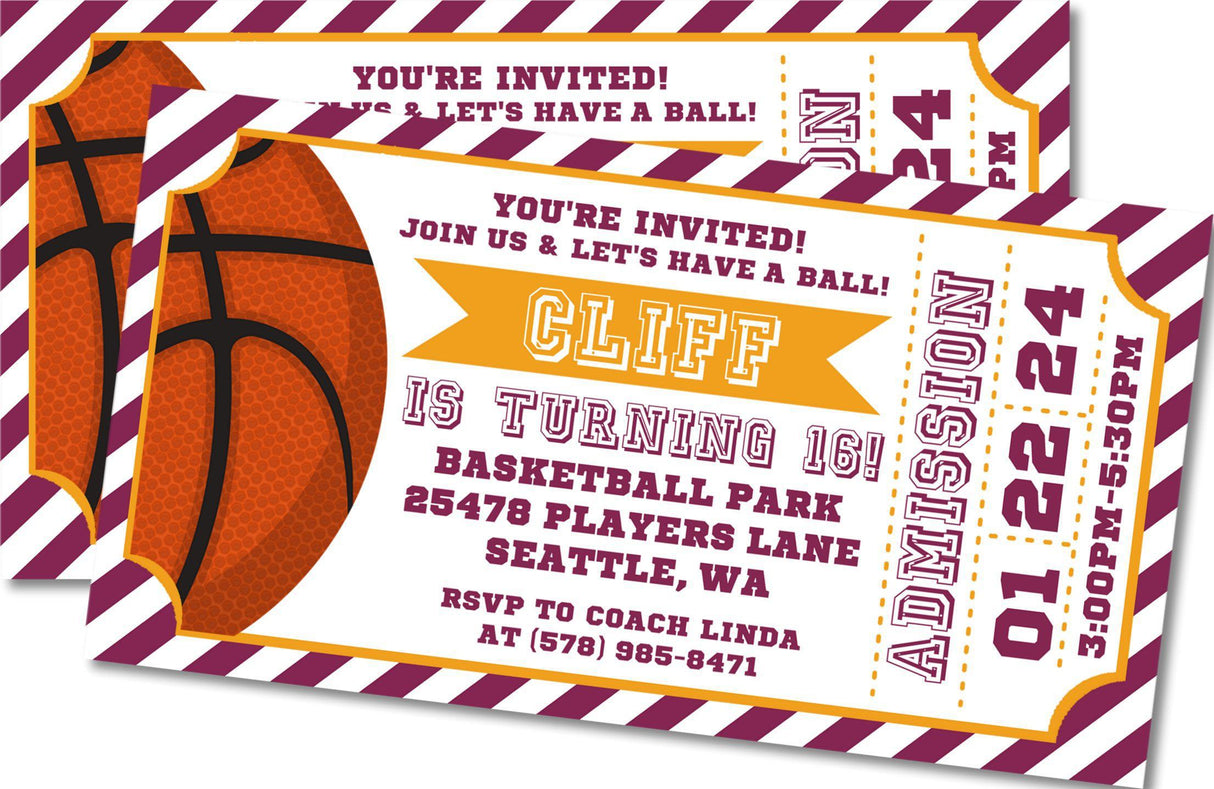 marroon gold basketball birthday ticket invitations
