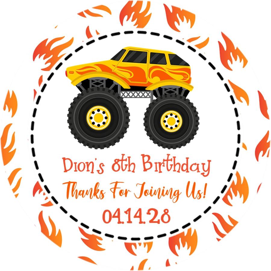 orange monster truck birthday sticker with flame border