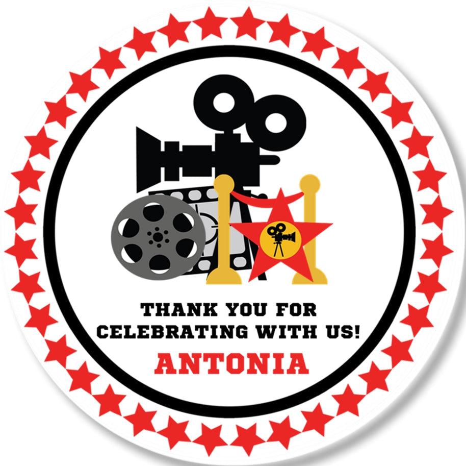 personalized film reel party favor label