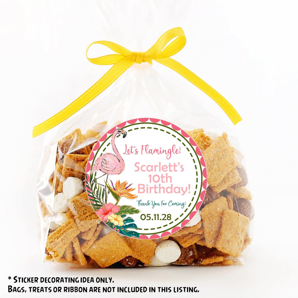 personalized luau party favor sticker with greenery and flamingo