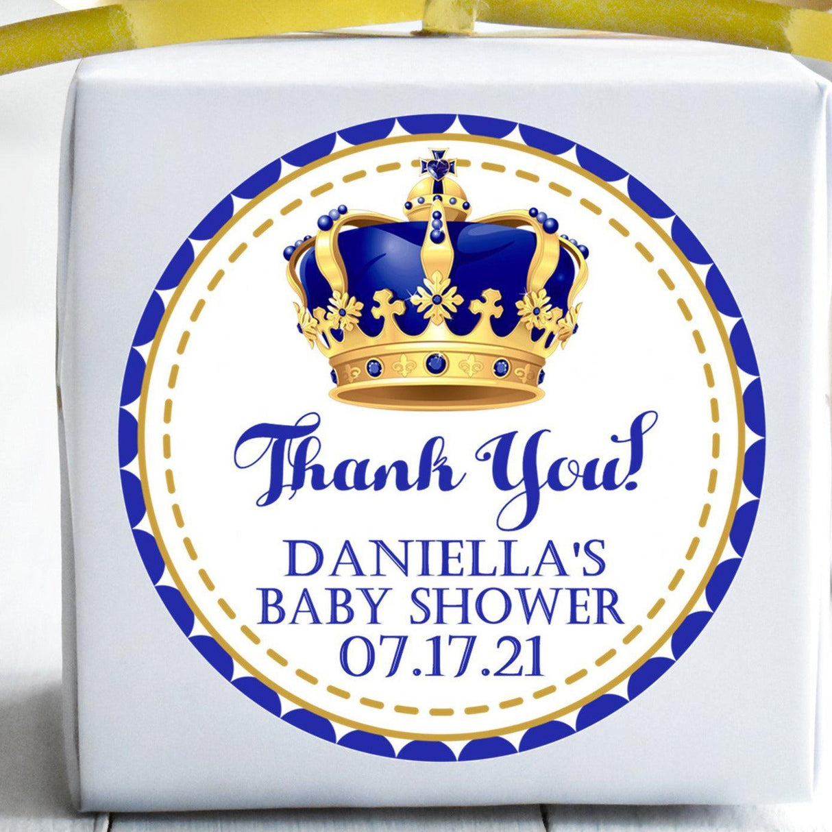 personalized prince baby shower favor label with gold crown design