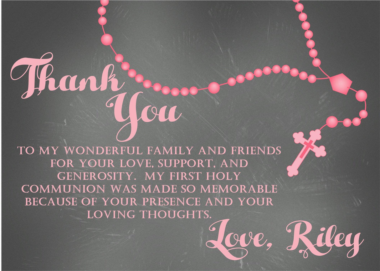 pink chalkboard rosary communion thank you cards elegant religious design