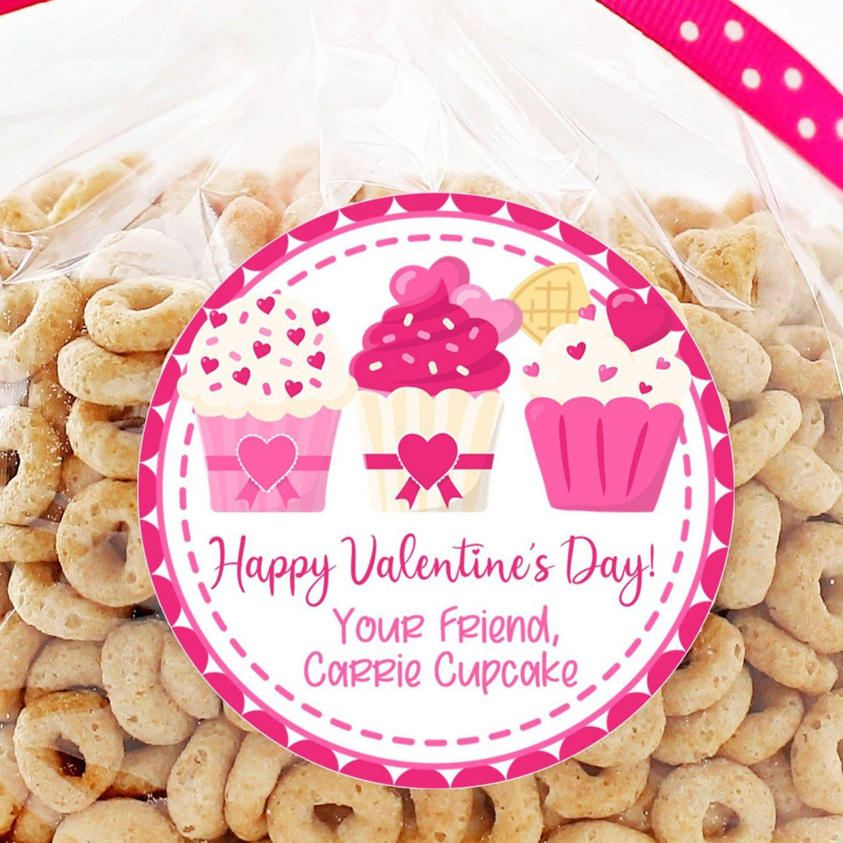 pink cupcake Valentine sticker with hearts and sprinkles