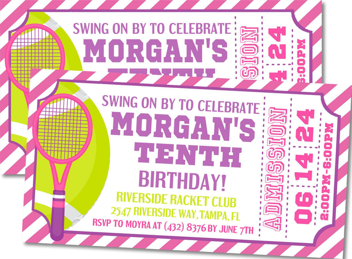 pink purple tennis birthday invitation cards