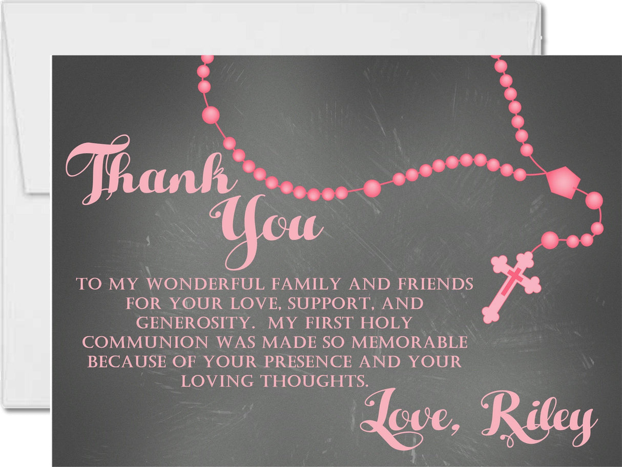 pink rosary communion thank you notes chalkboard background style