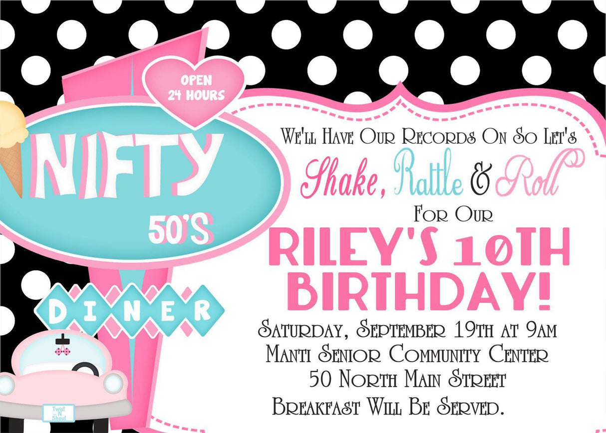 soda shop invitation cards 1950s birthday party style