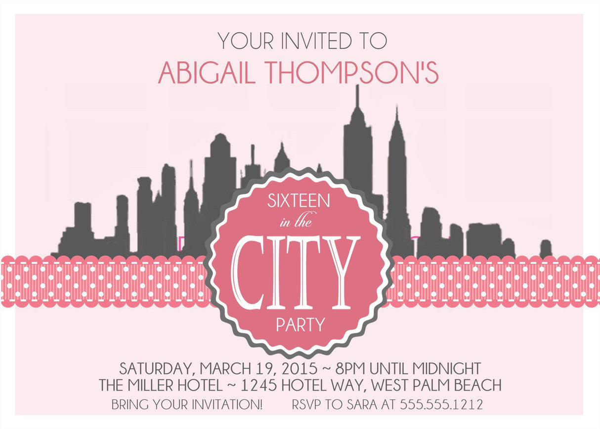 sweet 16 birthday invitations city skyline design