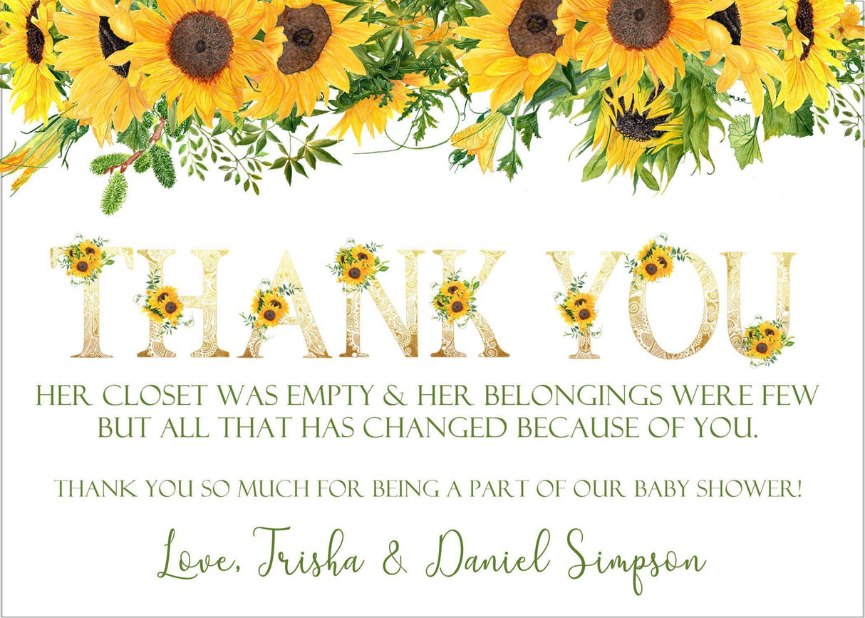 watercolor sunflower thank you notes country baby shower theme