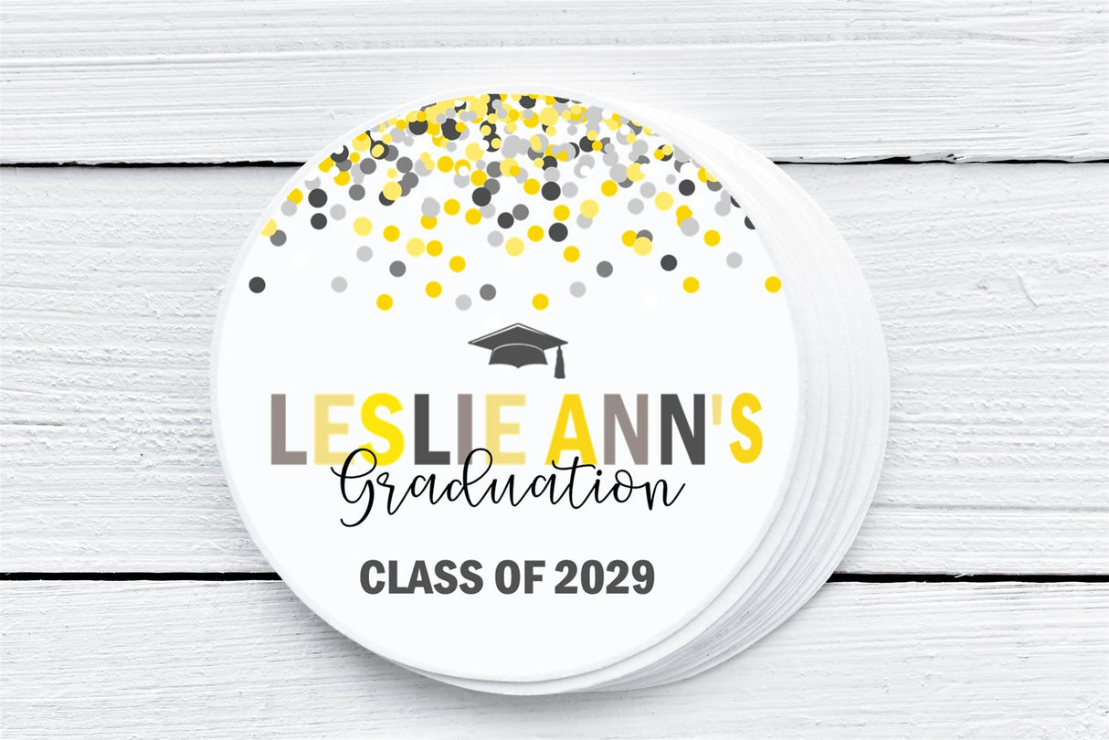Close-up of yellow and grey graduation sticker – personalized for graduate