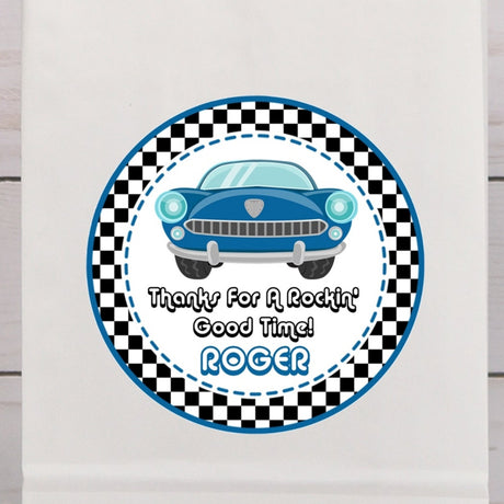 1950s classic blue car party sticker with checkered border
