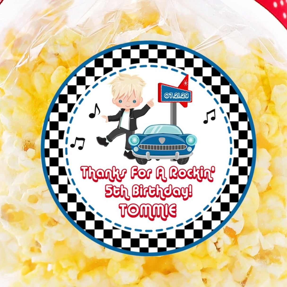 1950s sock hop birthday sticker for boys with blue retro car and character