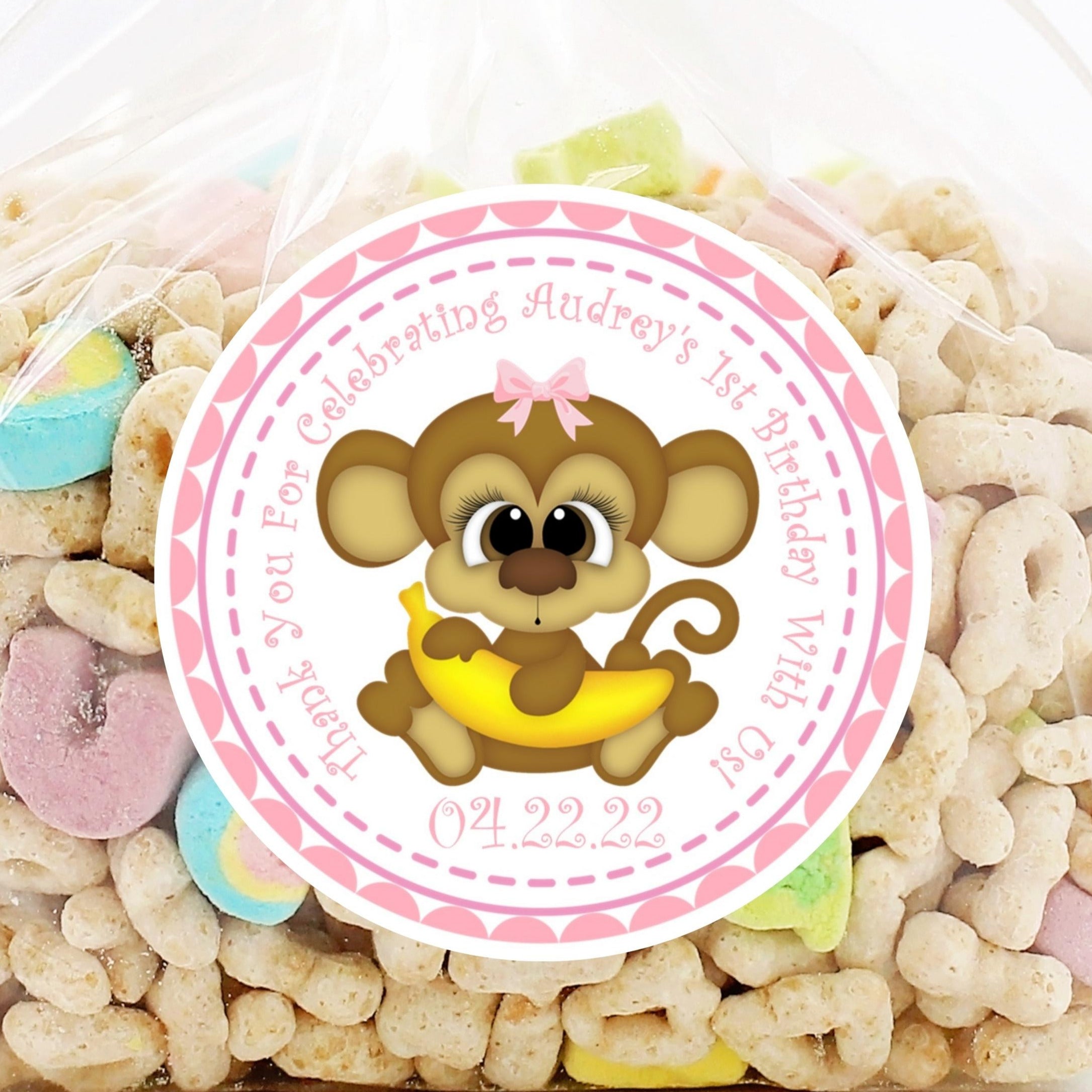 Girls Monkey 1st Birthday Party Stickers