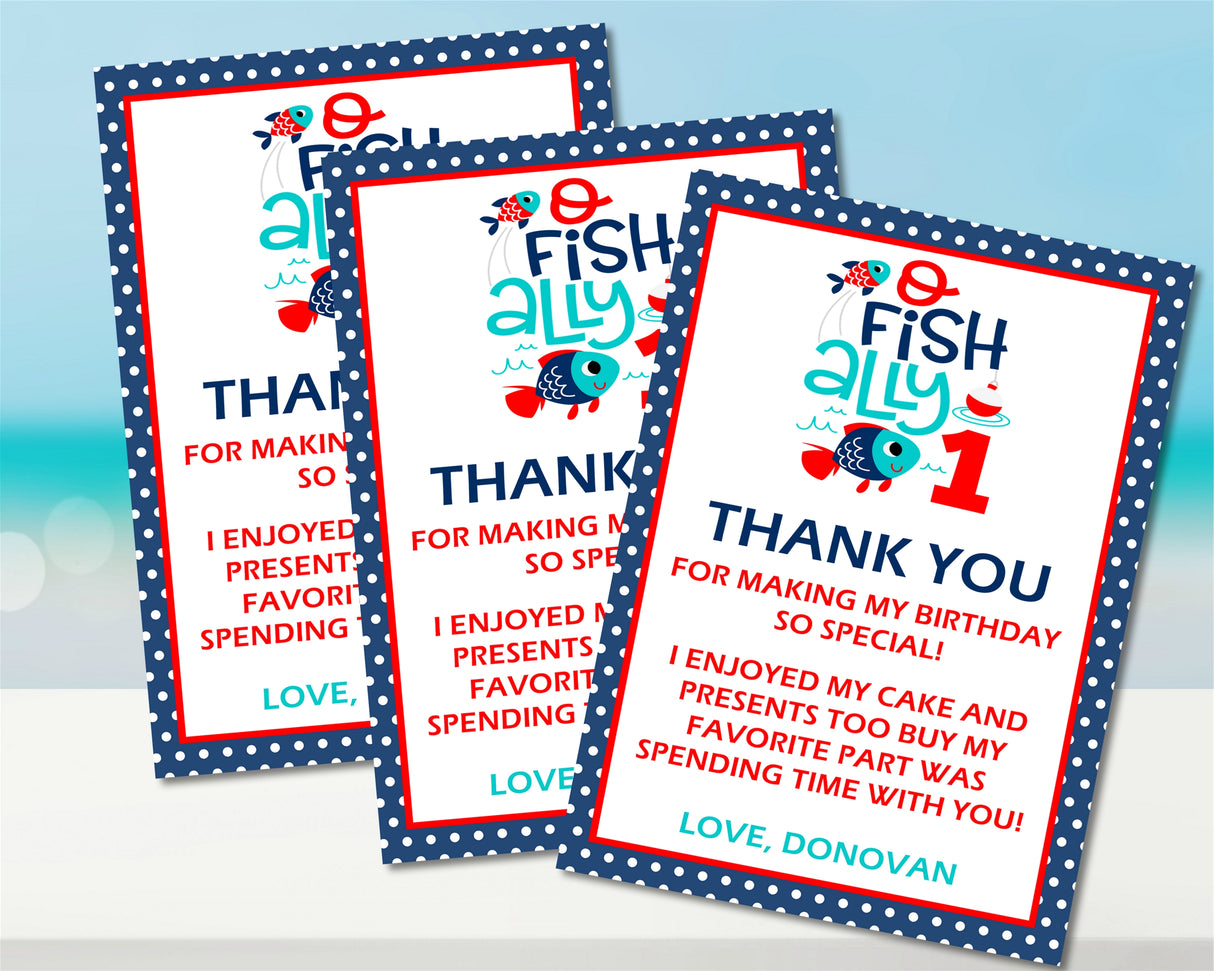 1st birthday fishing party thank you notes red and blue theme