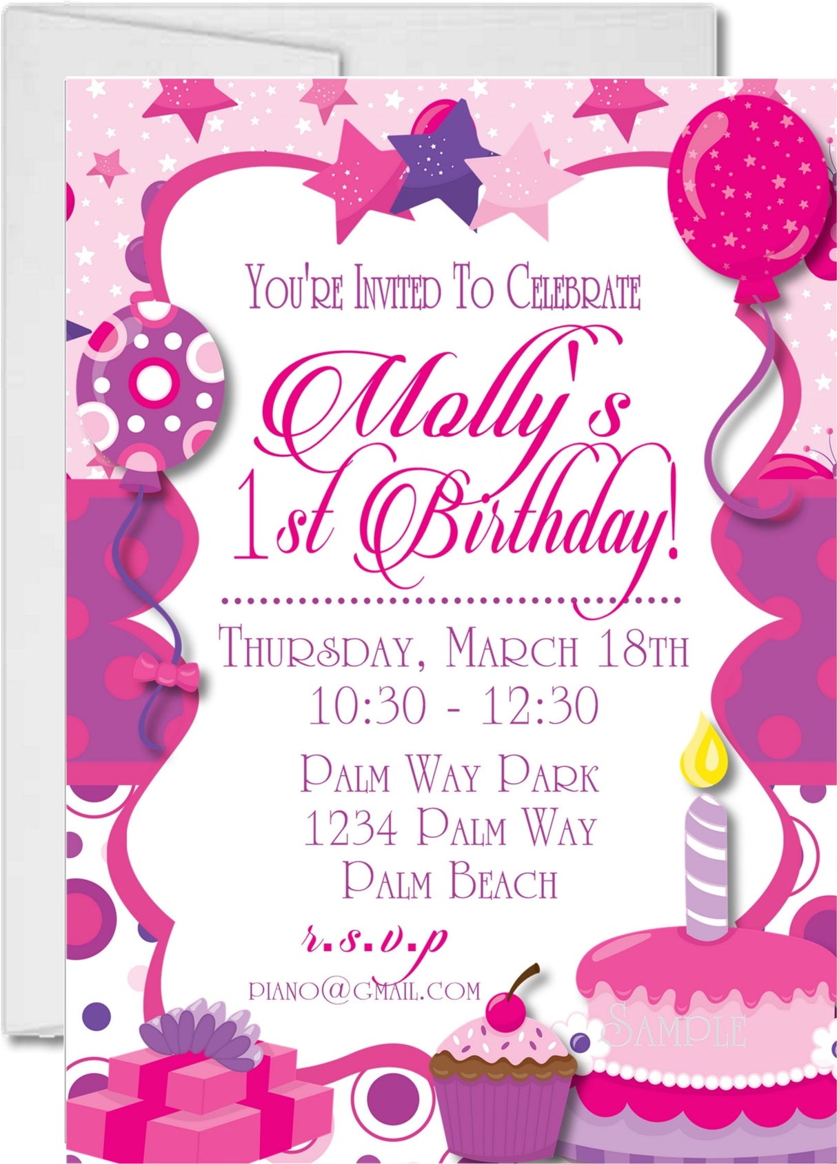 1st birthday party invitations pink birthday cake design