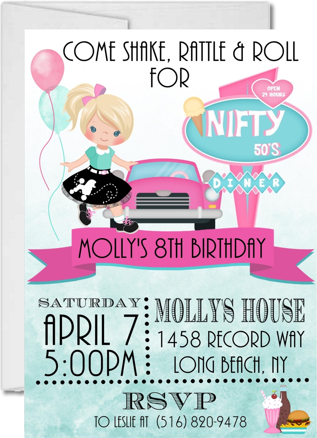 50s birthday party invitations pink retro diner design