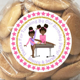 African American gymnast birthday sticker with two girls in pink leotards