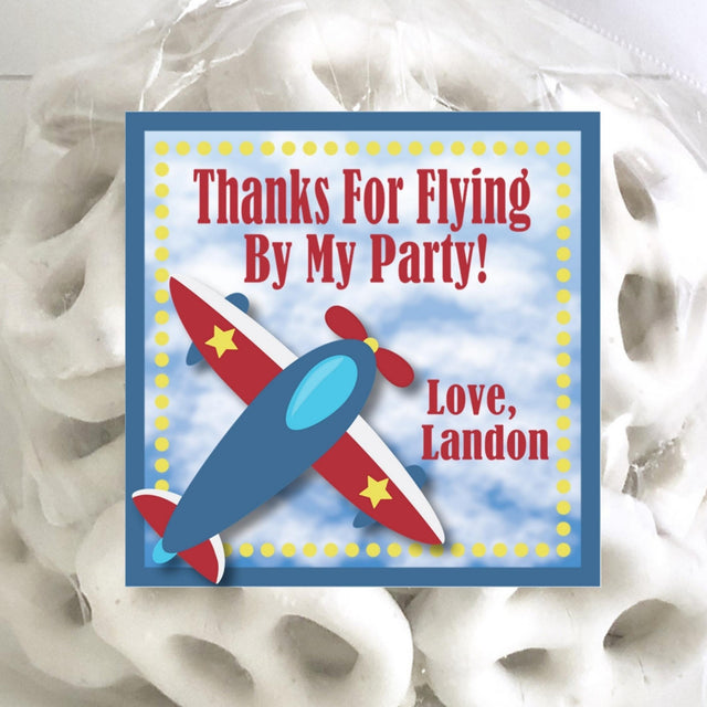 Airplane birthday sticker with cloud sky background