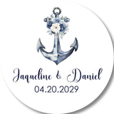 Anchor wedding favor sticker with blue flowers personalized with couple names and wedding date