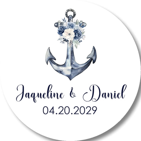 Anchor wedding favor sticker with blue flowers personalized with couple names and wedding date